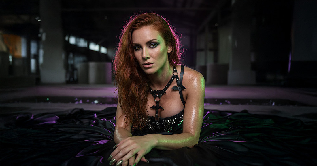 Halloween boudoir with a woman in long red hair lying on black satin sheets in a warehouse.