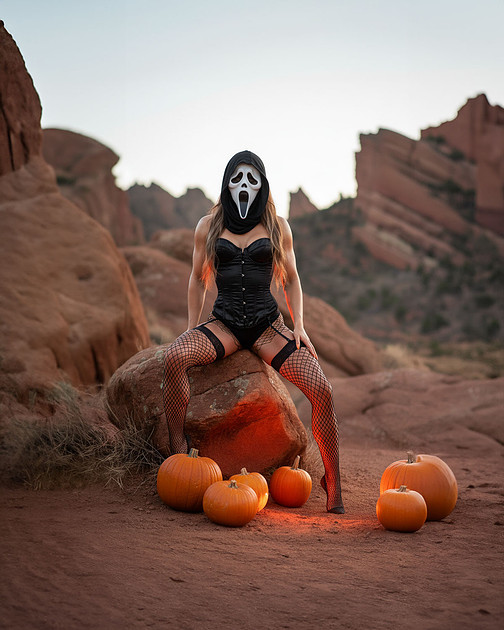 Halloween boudoir with a woman wearing a black corset, fishnets, and a Ghostface mask, illuminated by an orange LED light glow surrounded by pumpkins.