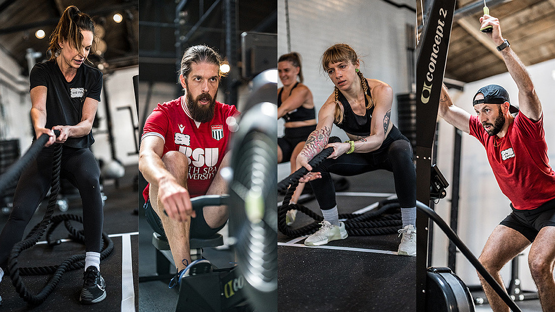 HYROX athletes rowing, pulling ropes, and completing ski erg exercises for a blog explaining what a HYROX race is and what to expect from the event.