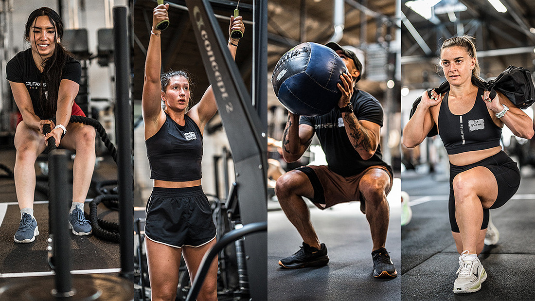 HYROX athletes completing race stations, including rowing, SkiErg, wall balls, and sandbag lunges for the How Does a HYROX Race Work section.