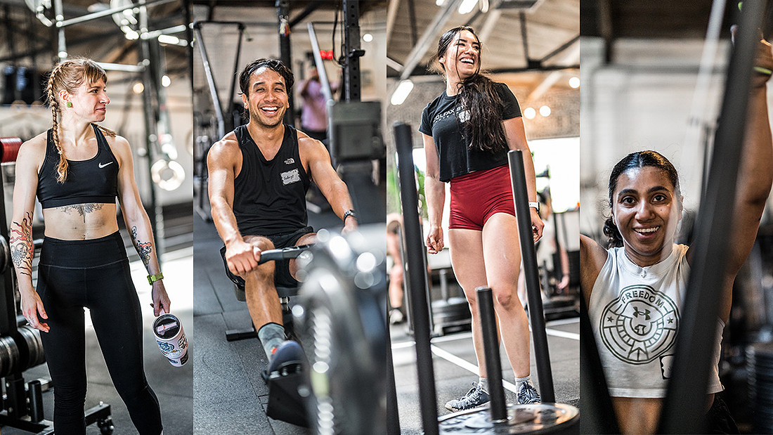 Athletes smiling, rowing, and moving through workout stations at a HYROX event, showing the energy, support, and community around the race.