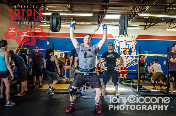 Denver fitness event photography of Open Crossfit Men in Crossfit Cherry Creek's Triple Threat Competition in Denver, Colorado.