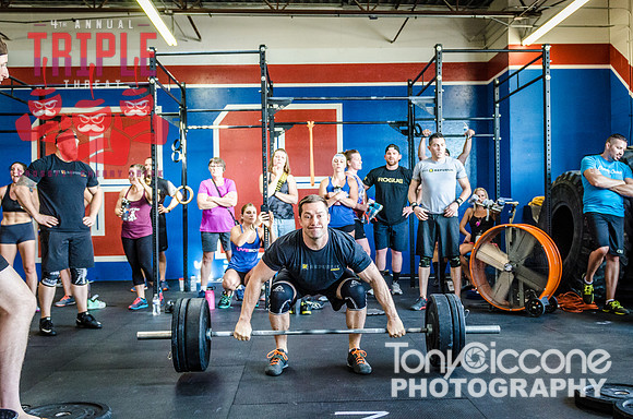 Denver fitness event photography of Open Crossfit Men in Crossfit Cherry Creek's Triple Threat Competition in Denver, Colorado.