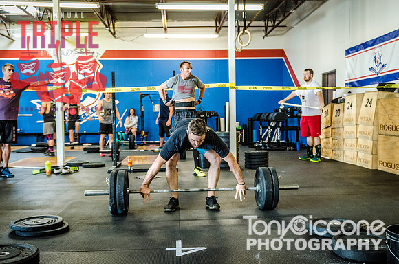 Denver fitness event photography of Open Crossfit Men in Crossfit Cherry Creek's Triple Threat Competition in Denver, Colorado.