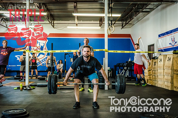 Denver fitness event photography of Open Crossfit Men in Crossfit Cherry Creek's Triple Threat Competition in Denver, Colorado.